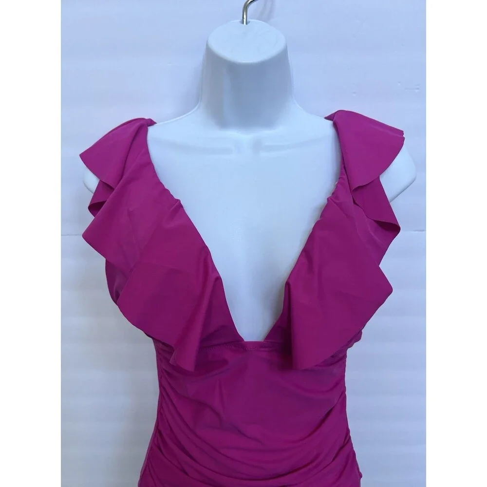 J.Crew Ruched Ruffle Size 8 One Piece Swimsuit Radiant Fuchsia Vacation Resort - Picture 5 of 11